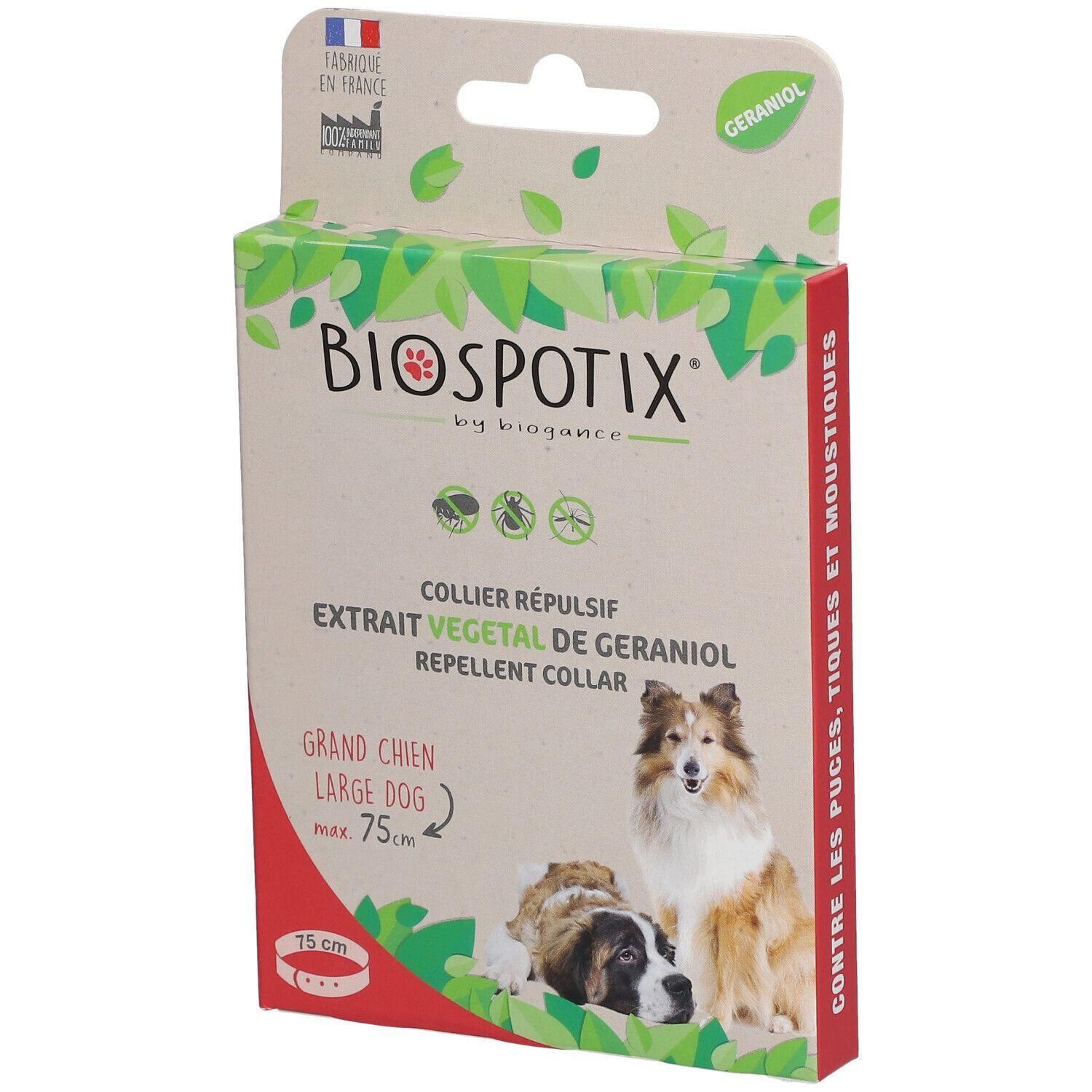 Collier Répulsif Biospotix pour grand chien, max 75cm. Fabriqué en France. Contient du Géraniol.