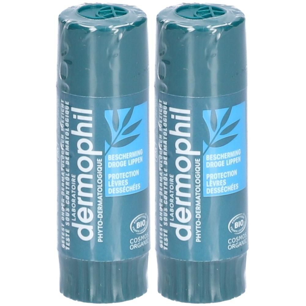 Twee Dermophil lippenbalsemsticks in donker turquoise met etiket en bladmotief. BIO COSMOS ORGANIC gecertificeerd.