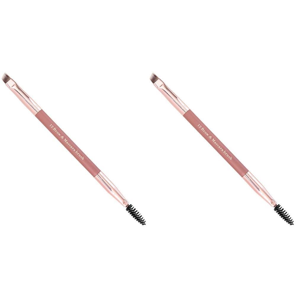 Twee dubbelzijdige wenkbrauw- en mascaraborstels, roze handvat en roségouden details.