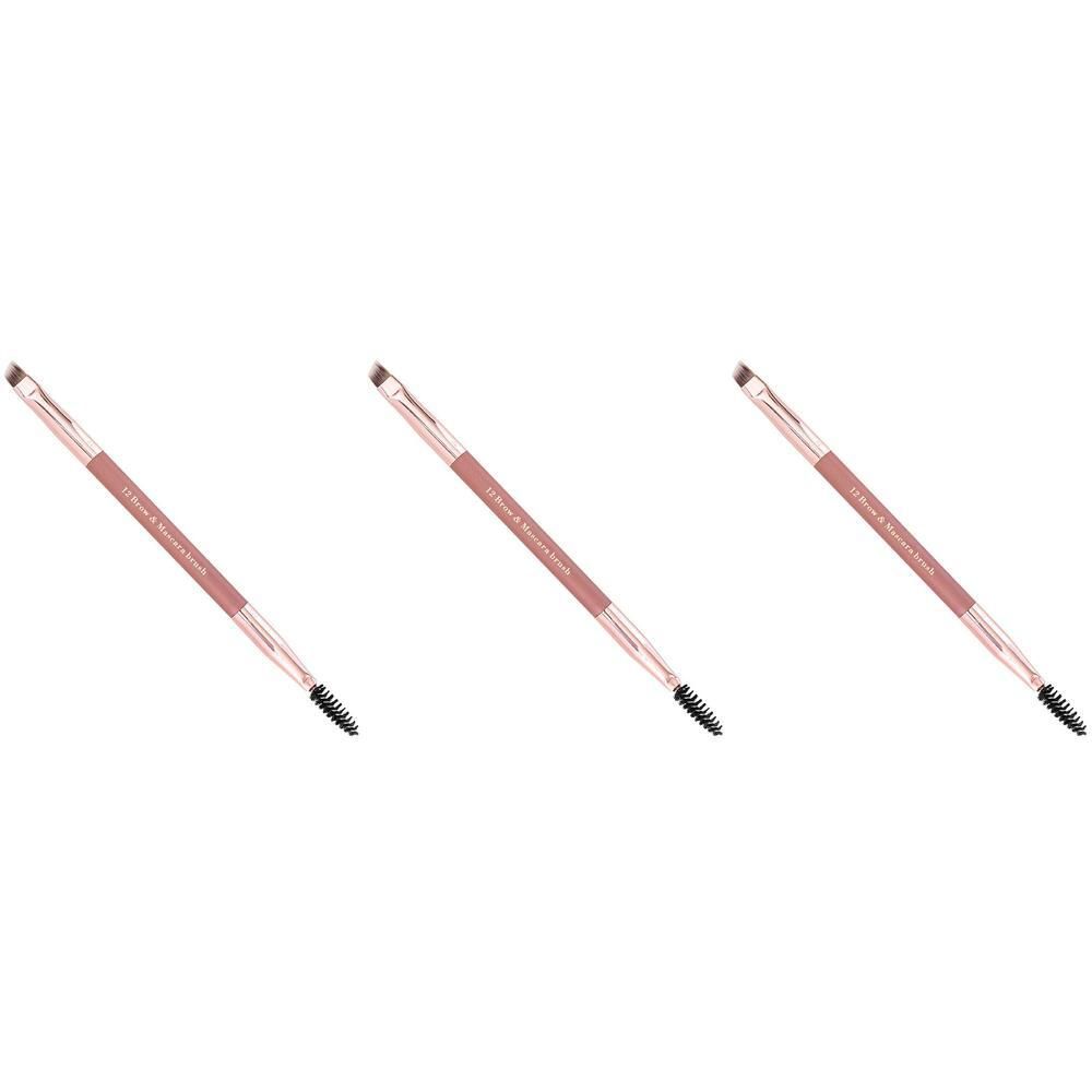 Trois brosses à sourcils double face avec manche rose gold et embout brosse.