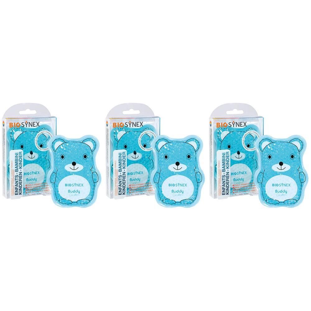Drie blauwe teddybeer warmtekussens, individueel verpakt met haak.
