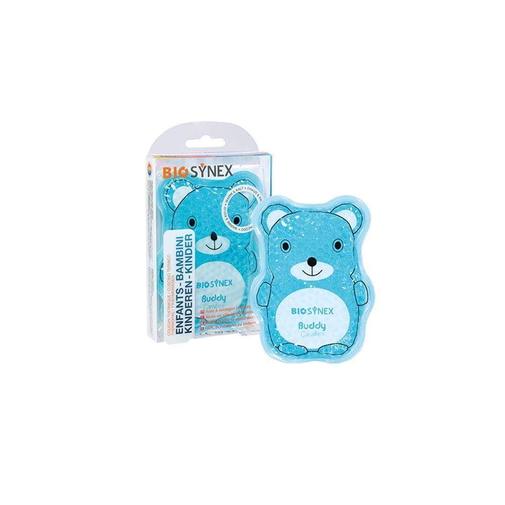 Blauwe teddy-warmtekompres met "BIOSYNEX Buddy" opschrift, in verpakking.