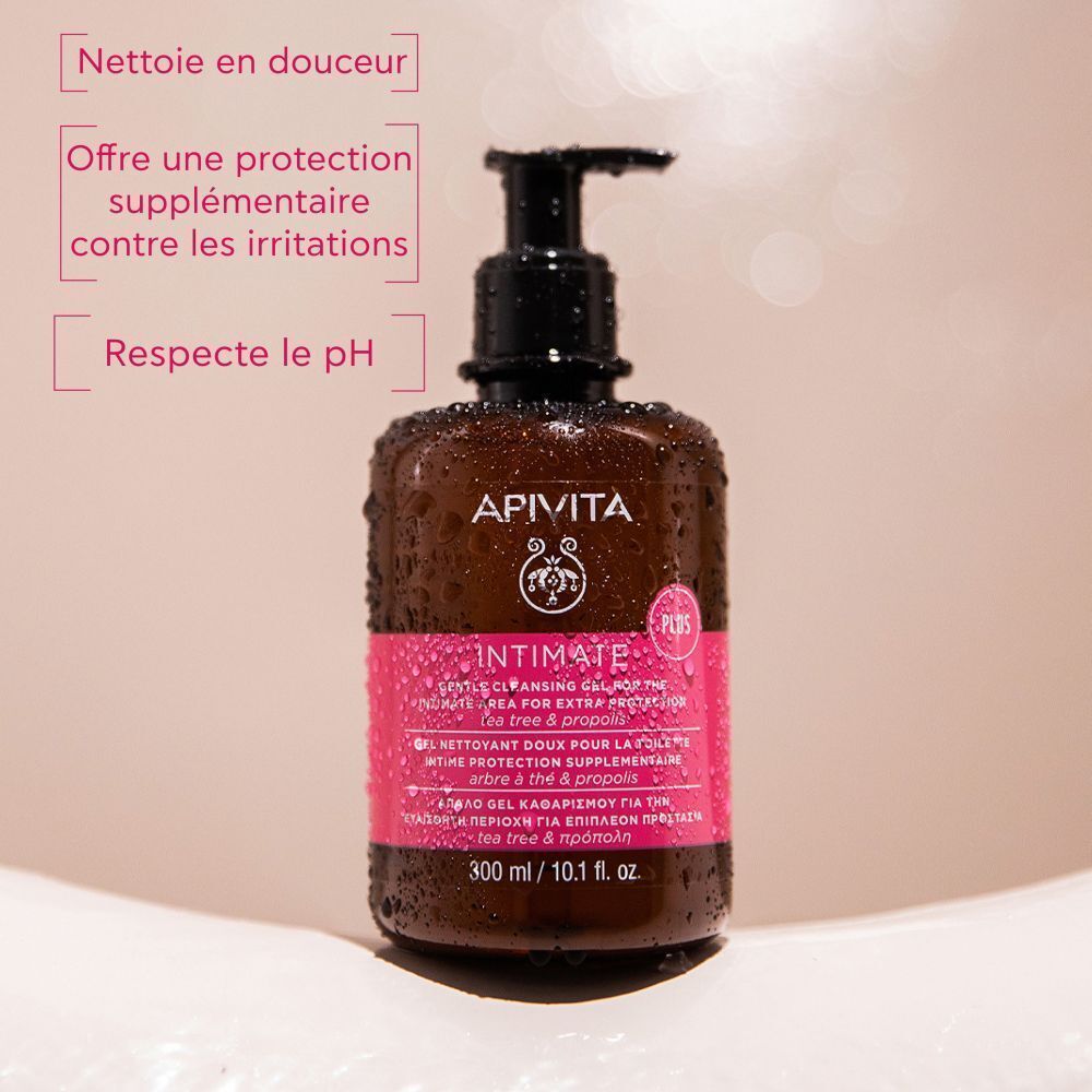 Gel nettoyant intime Apivita dans un flacon en verre brun avec distributeur à pompe.