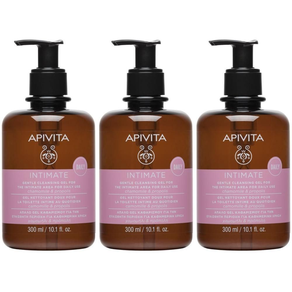 Drie flessen Apivita Intimate Gel met pompdispensers, 300 ml.