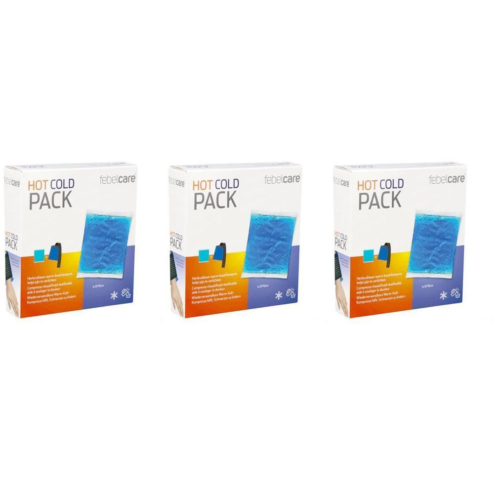 Trois paquets de Febelcare Hot Cold Pack avec compresse de gel bleue.