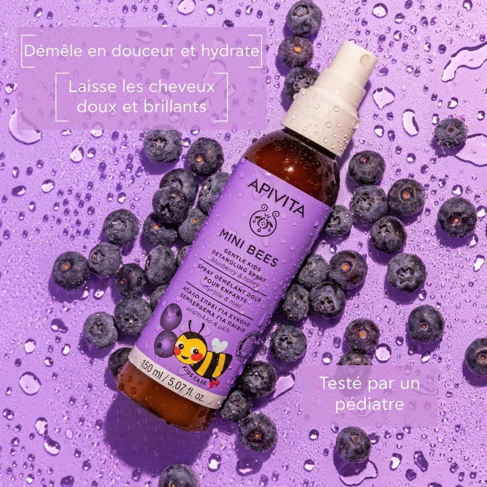 Spray démêlant Apivita Mini Bees avec myrtilles et miel.
