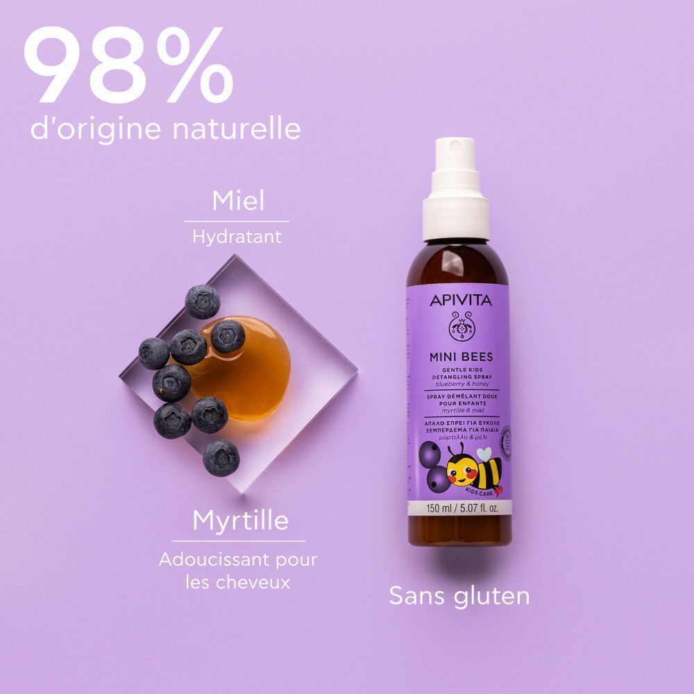 Spray démêlant Apivita Mini Bees, miel et myrtilles.