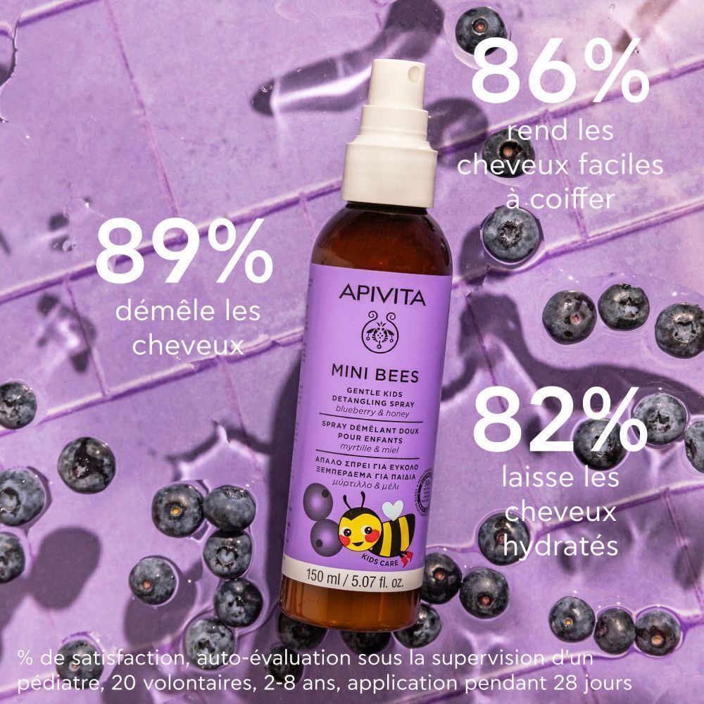Spray démêlant Apivita Mini Bees avec pourcentages d'efficacité.