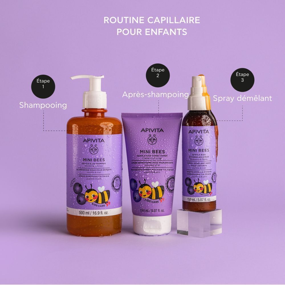 Shampoing, après-shampoing et spray démêlant Apivita Mini Bees.