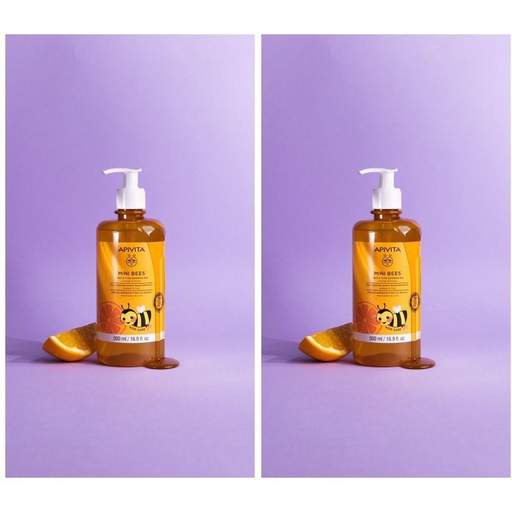 Gel douche doux Apivita Mini Bees pour enfants, orange et miel.