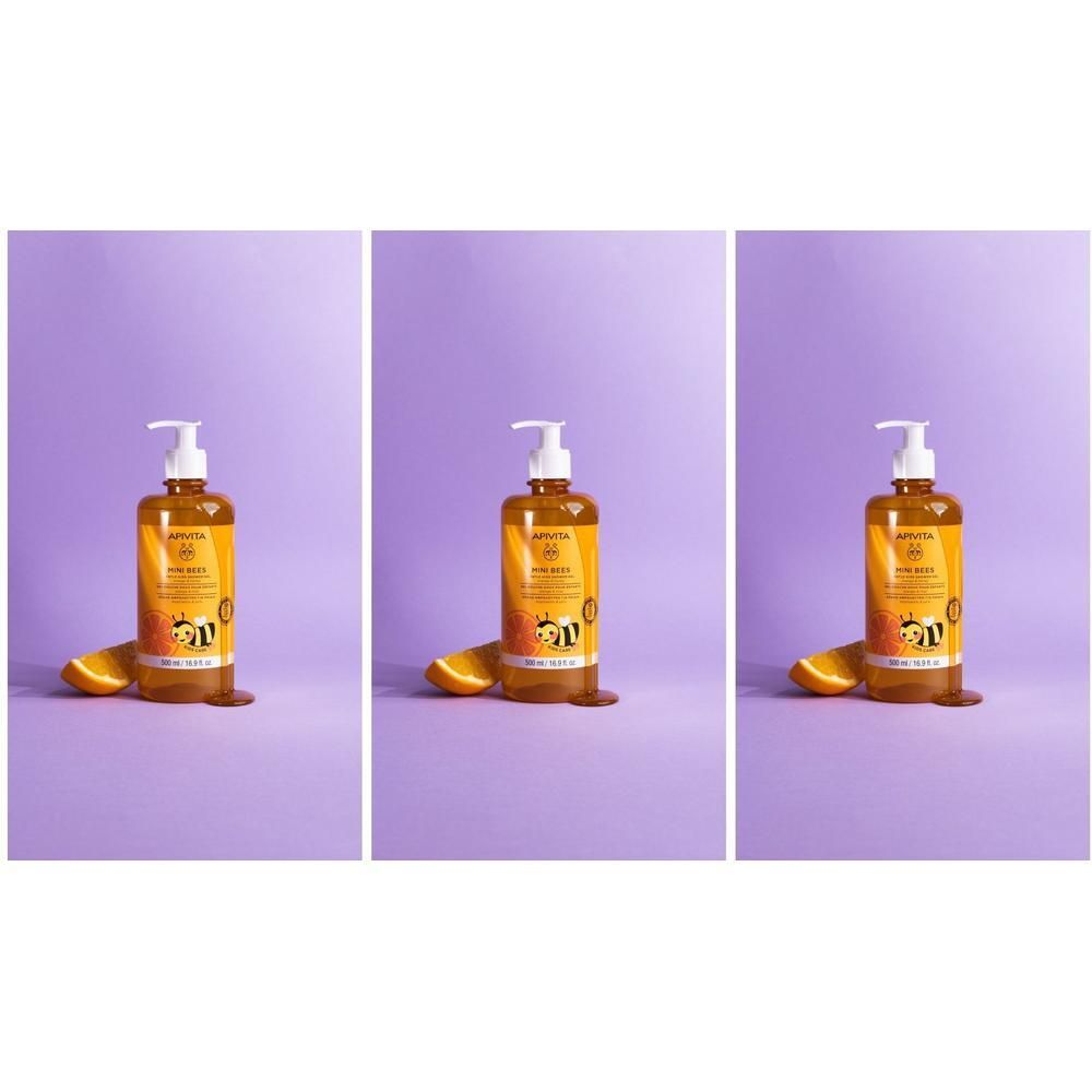 Apivita Mini Bees Gel Douche Doux pour Enfants, 500 ml, avec tranche d'orange et abeille.