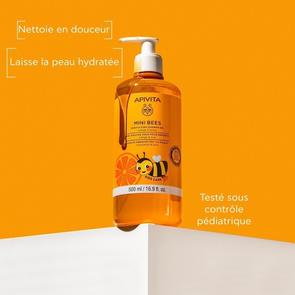 Apivita Mini Bees Gel Douche Doux pour Enfants : Nettoie en douceur, laisse la peau hydratée. Orange et miel.