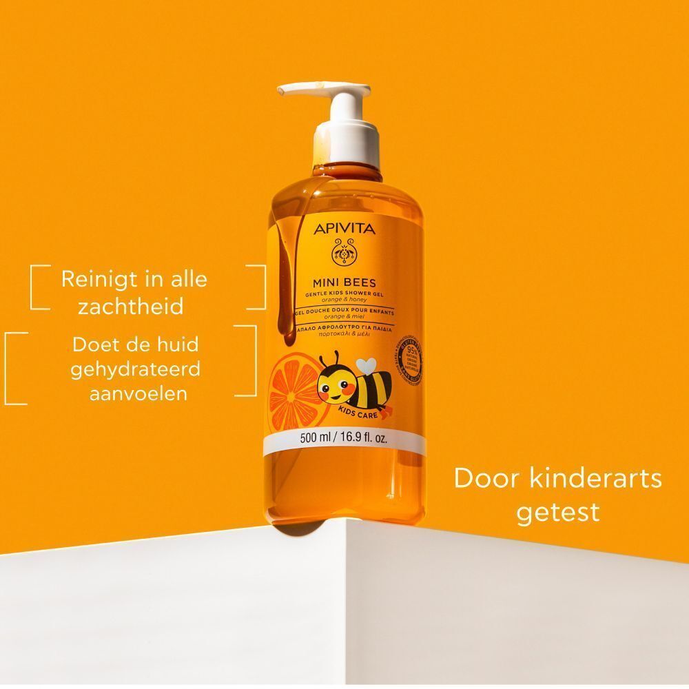 Apivita Mini Bees Milde Douchegel voor Kinderen: Reinigt zacht, laat de huid gehydrateerd aanvoelen. Sinaasappel en honing.