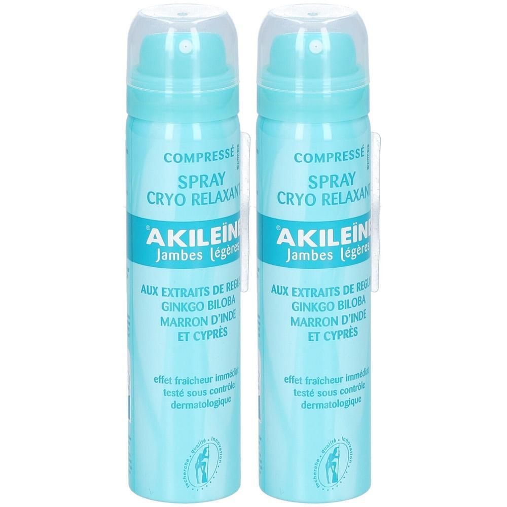 Deux sprays Akileine Cryo Relaxant Jambes Légères aux extraits de Ginkgo Biloba, Marron d'Inde et Cyprès.