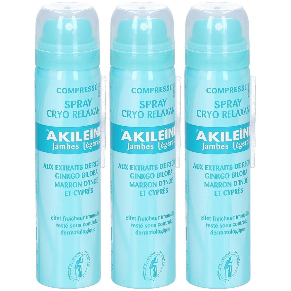Drie Akileine Spray Cryo Relaxant bussen in lichtblauw. Opschriften in het Duits en Frans.