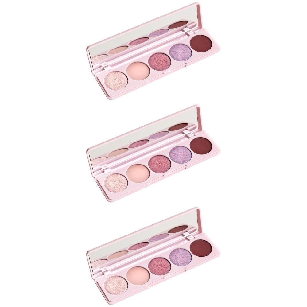 Oogschaduwpalette met vijf ronde vakjes in roze en paarse tinten.