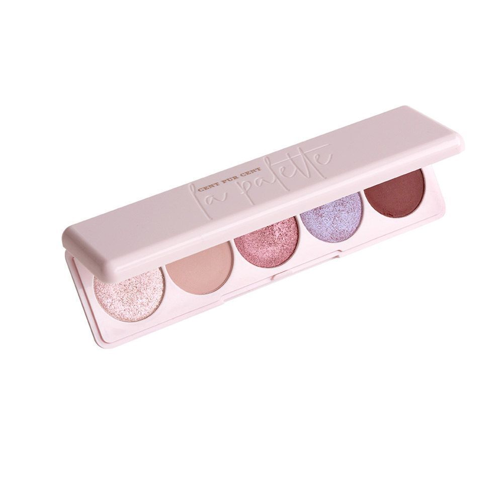 Oogschaduwpalette met vijf ronde vakjes in roze en paarse tinten, geopend.