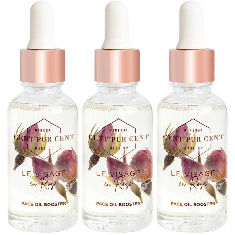 Trois flacons en verre avec bouchon pipette, contenant de l'huile pour le visage. Motifs de roses sur l'étiquette.
