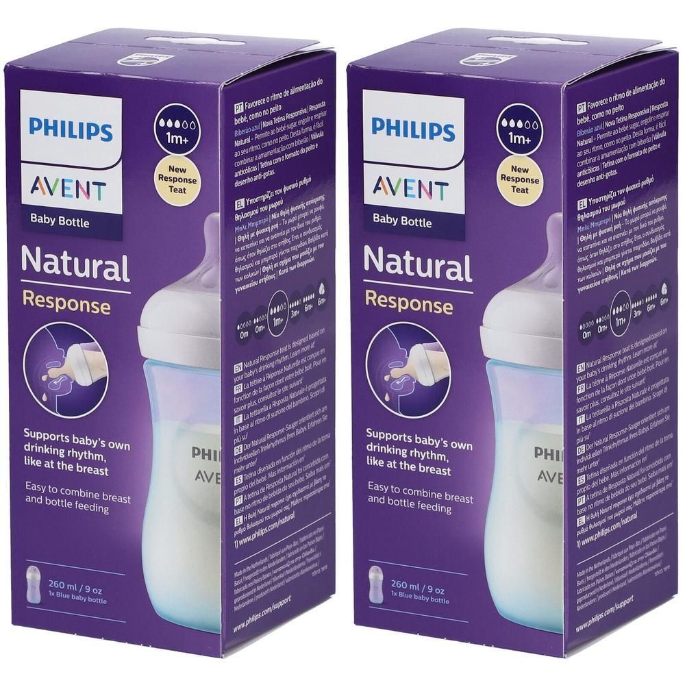 Twee Philips Avent Natural Response babyflessen in doos. 260 ml.