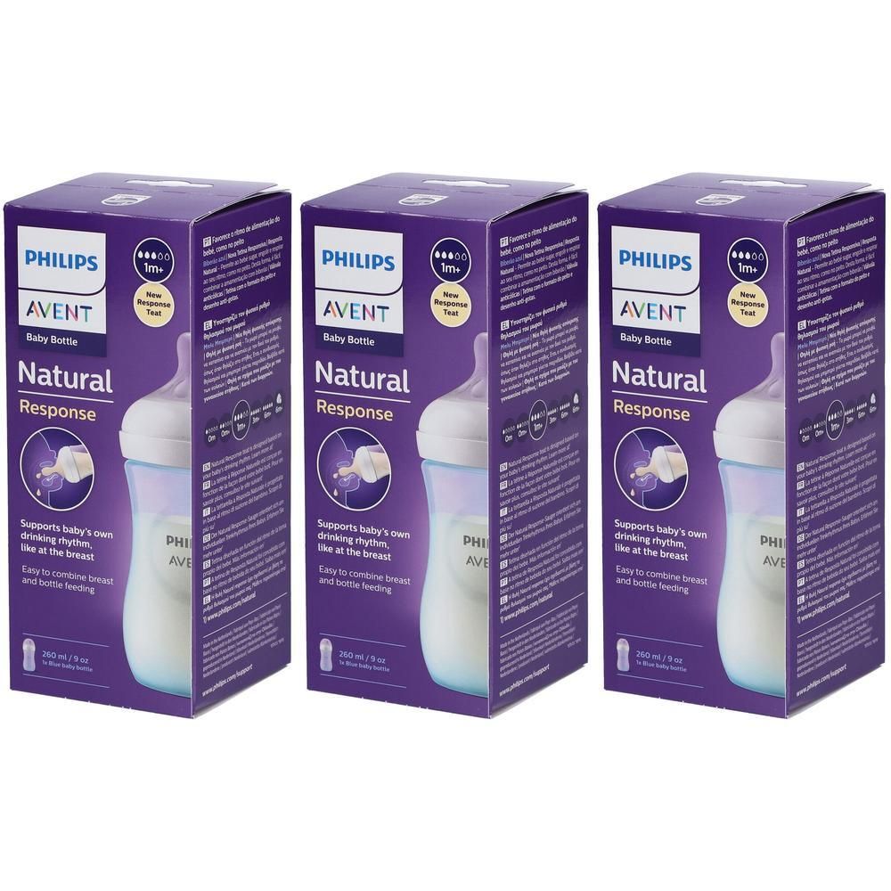 Drie Philips Avent Natural Response babyflessen in paarse verpakking.