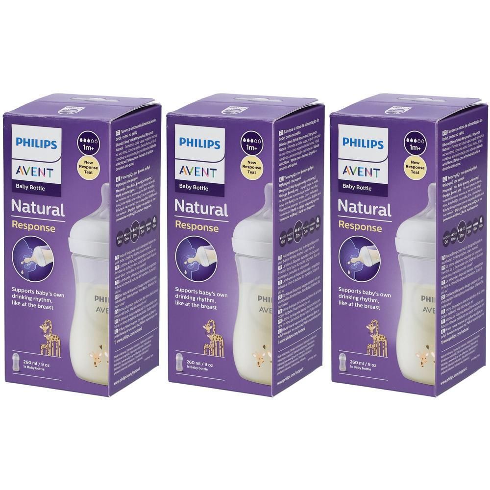 Drie verpakkingen Philips Avent Natural Response babyflessen. Elke fles heeft een inhoud van 260 ml.