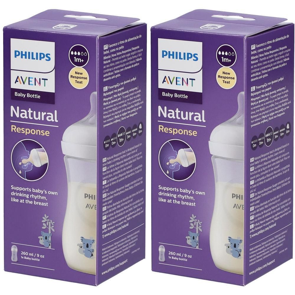 Twee Philips Avent Babyflessen, Natural Response, 260ml. Paarse verpakking met koala-afbeelding.