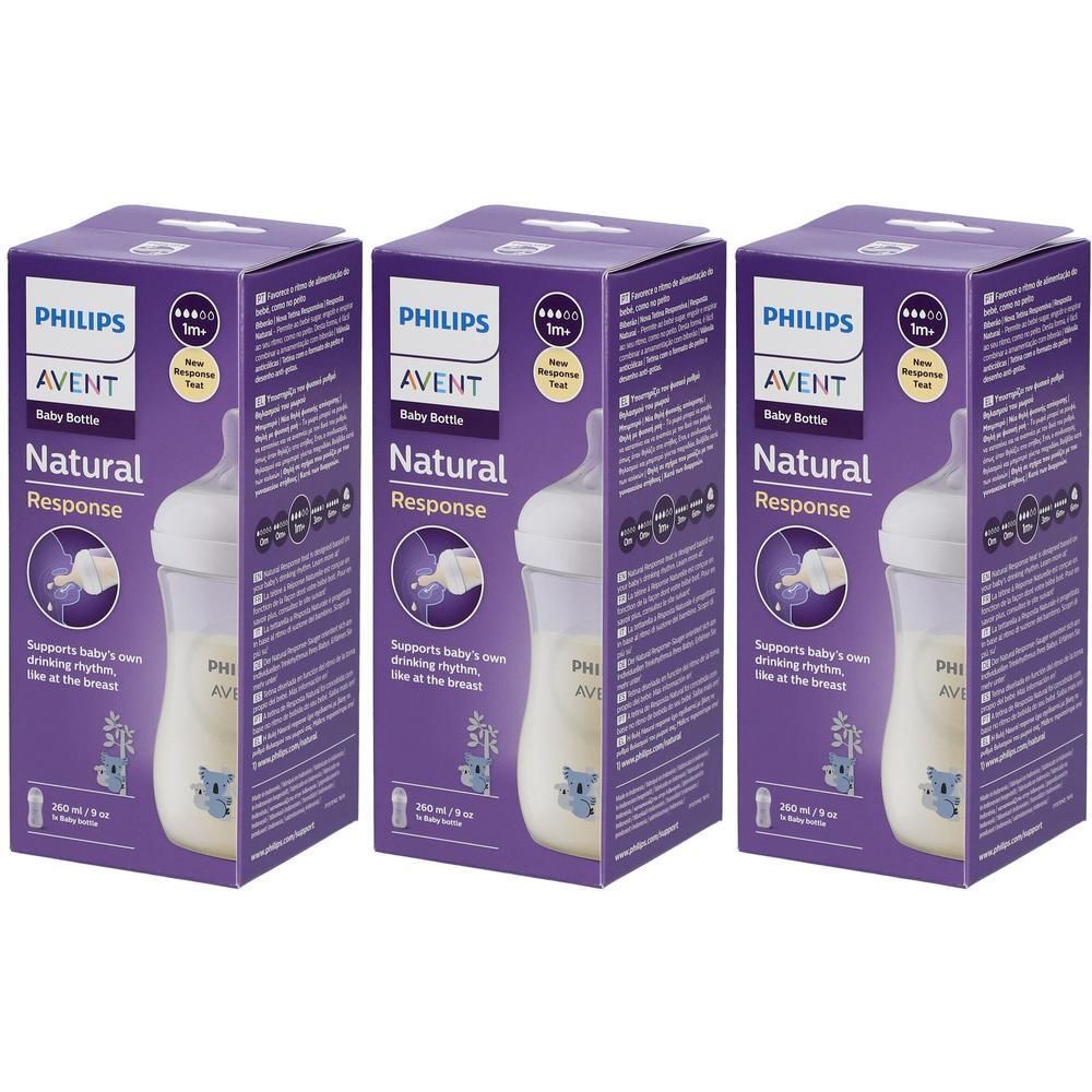 Drie Philips Avent Natural Response babyfles dozen met koala print.