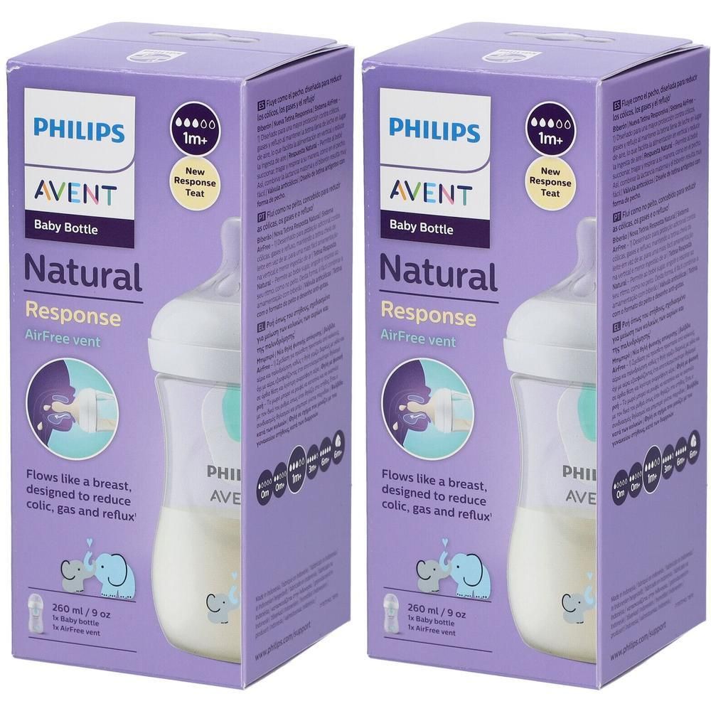 Deux biberons Philips Avent Natural Response, 260 ml, avec valve Airfree.