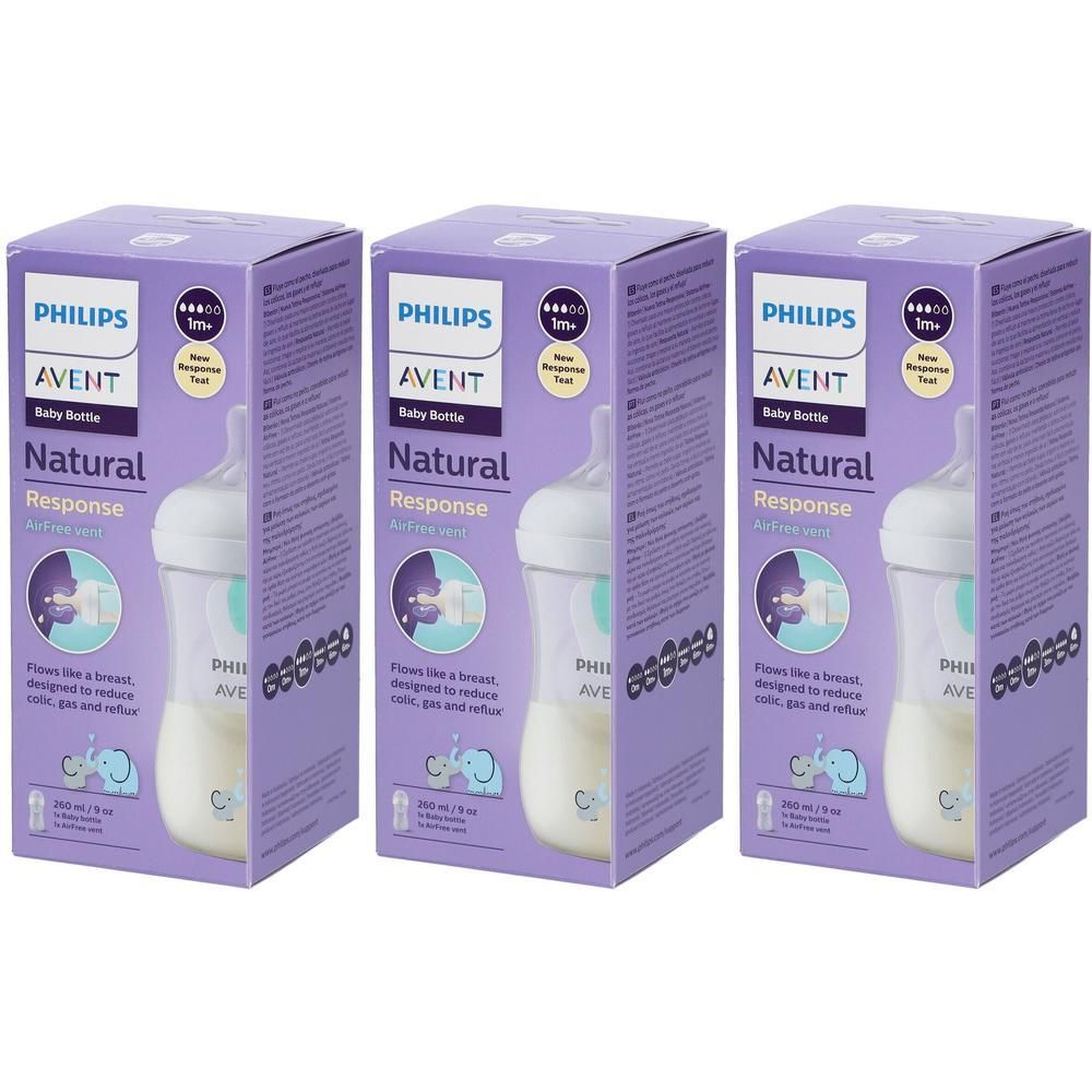 Trois biberons Philips Avent Natural Response dans leur emballage violet avec un motif éléphant.