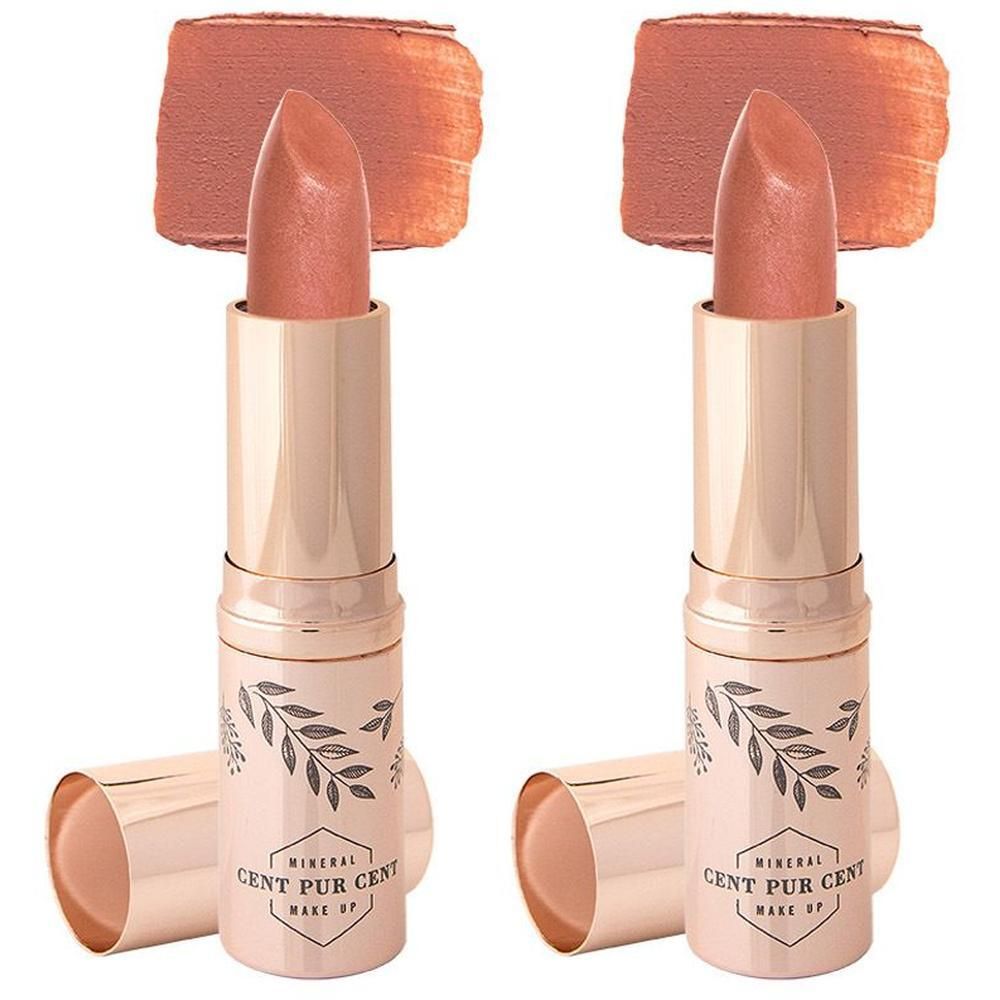 Twee Cent Pur Cent Mineral lippenstiften in Moccaccino-kleur met een kleurstaal ernaast.