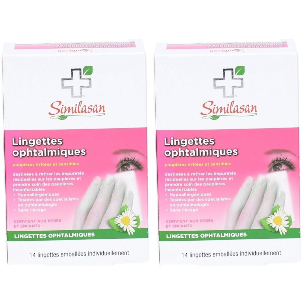 Deux paquets de lingettes ophtalmiques Similasan, 14 lingettes emballées individuellement par paquet.