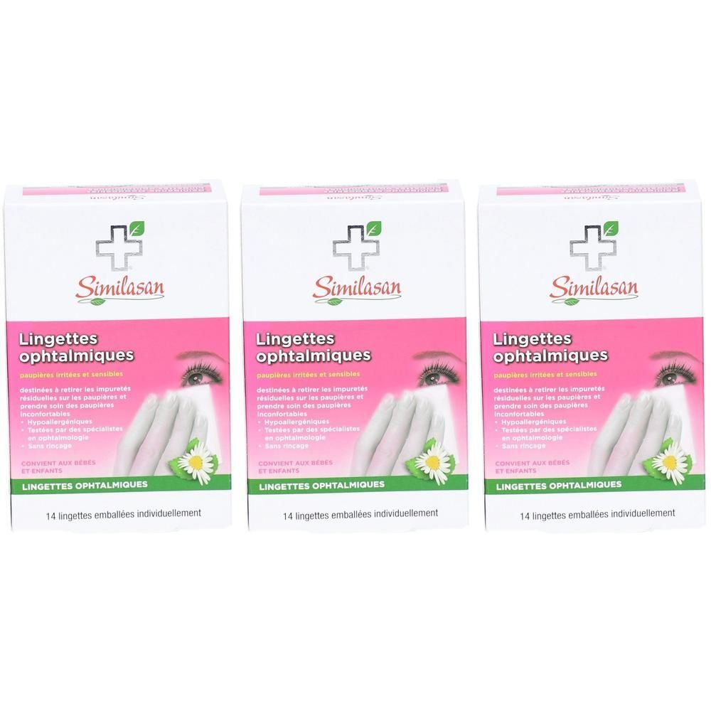 Trois boîtes de Lingettes ophtalmiques Similasan, chacune contenant 14 lingettes emballées individuellement.
