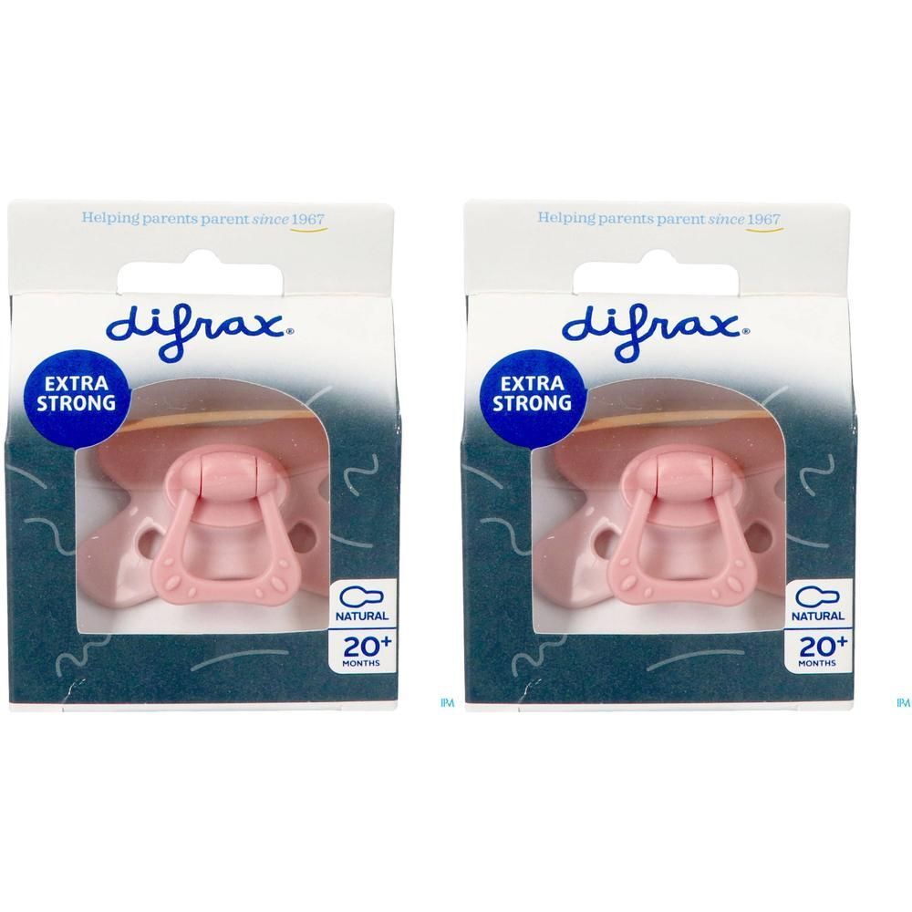 Deux sucettes Difrax rose pour bébés de 20 mois et plus.