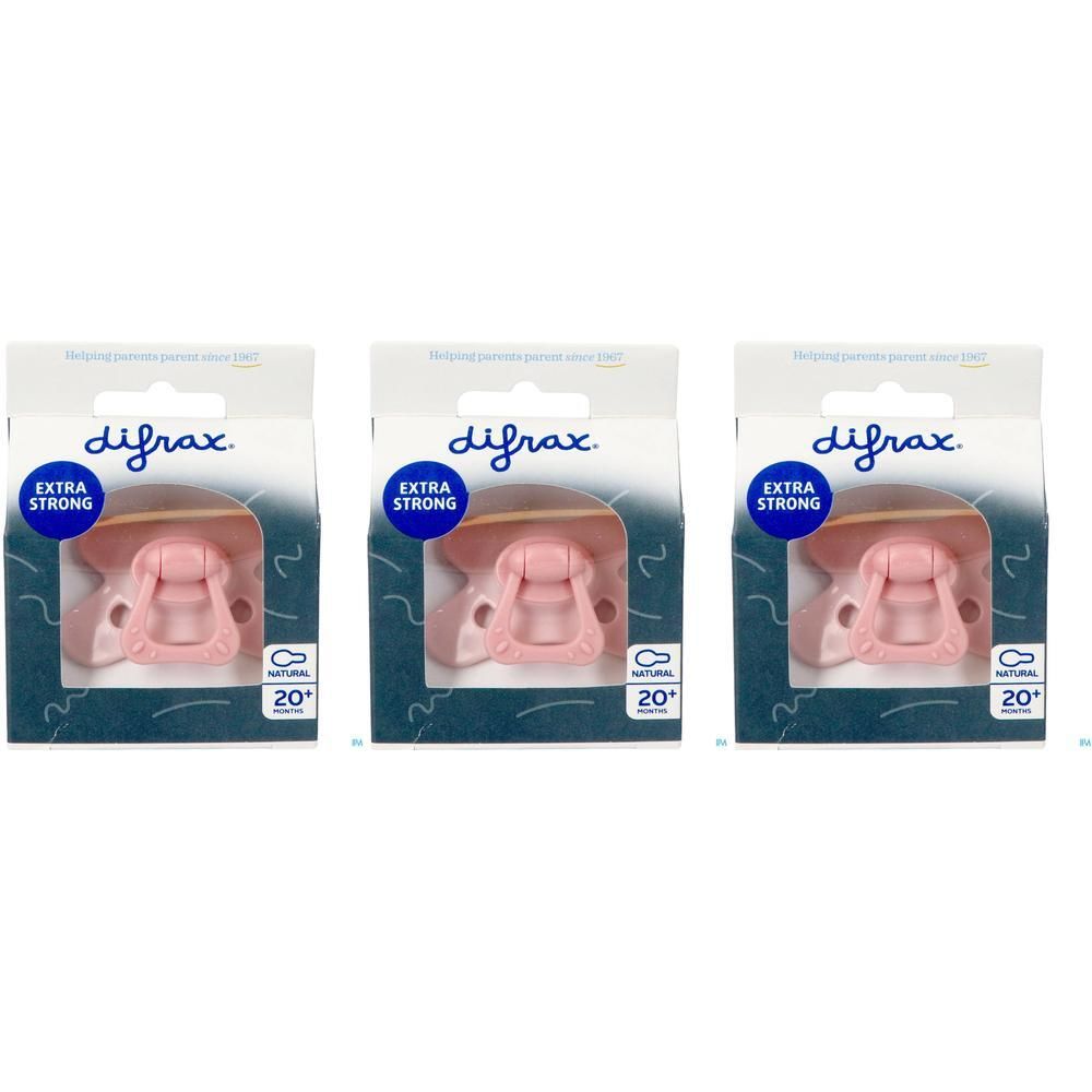 Drie Difrax fopspeentjes roze, 20+ maanden, met "Extra Strong" opdruk.