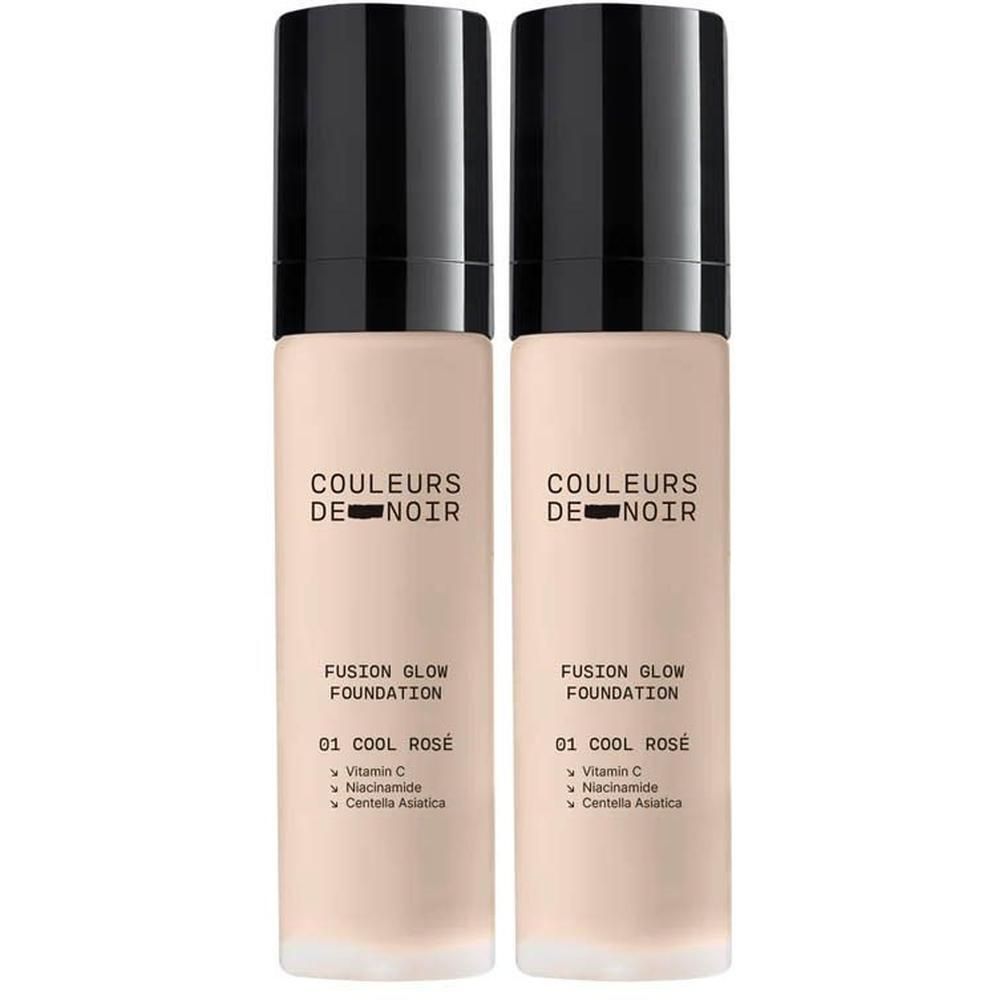 Deux flacons de fond de teint Couleurs de Noir Fusion Glow, teinte 01 Cool Rosé.
