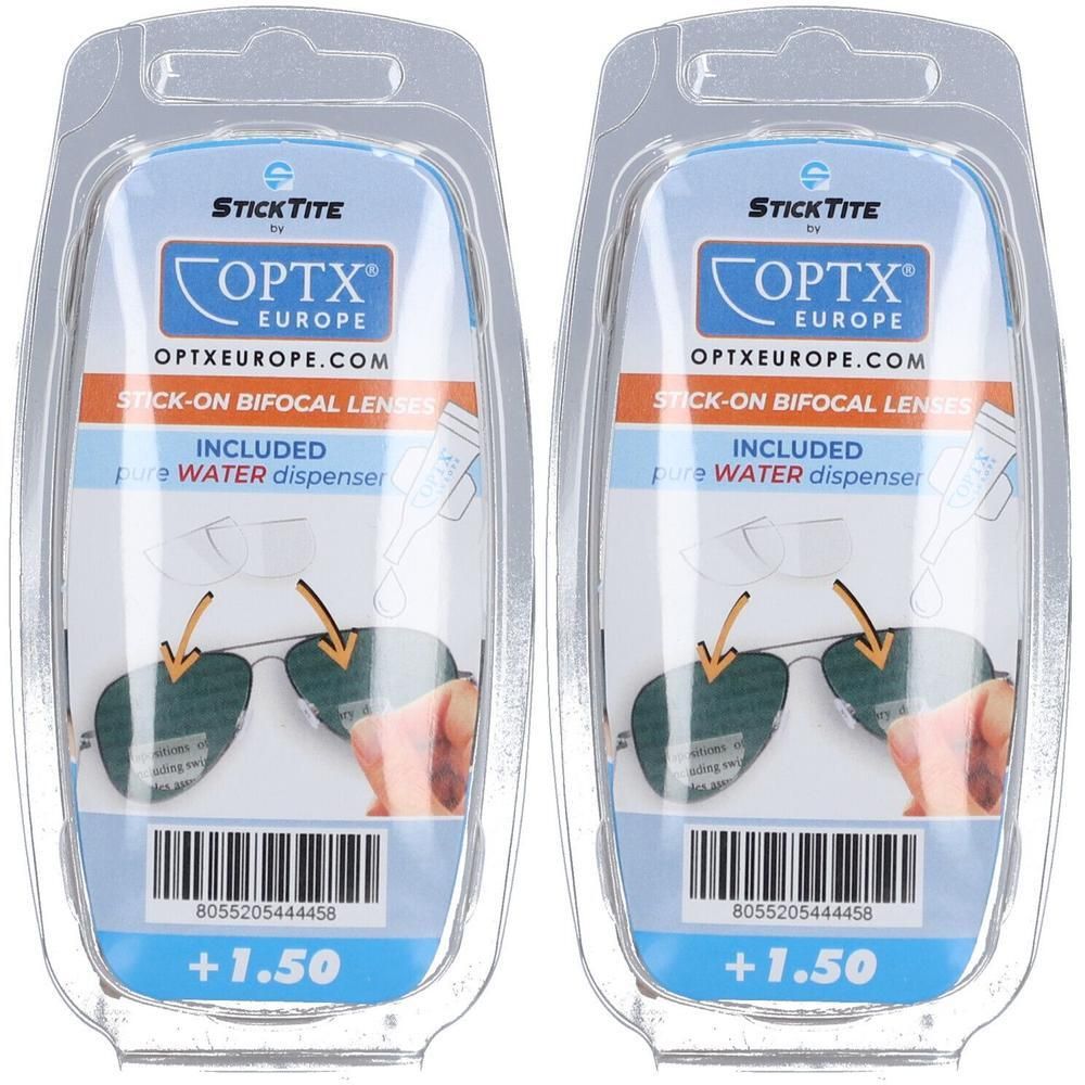 Twee verpakkingen StickTite Bifocale plaklenzen +1,50 met waterdispenser.