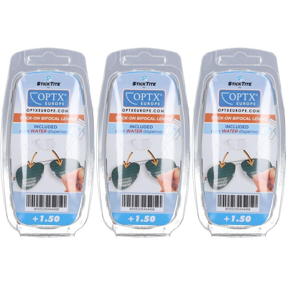 Drie verpakkingen StickTite OPTX BIFOCAL LENSES +1.50, met waterdispenser.
