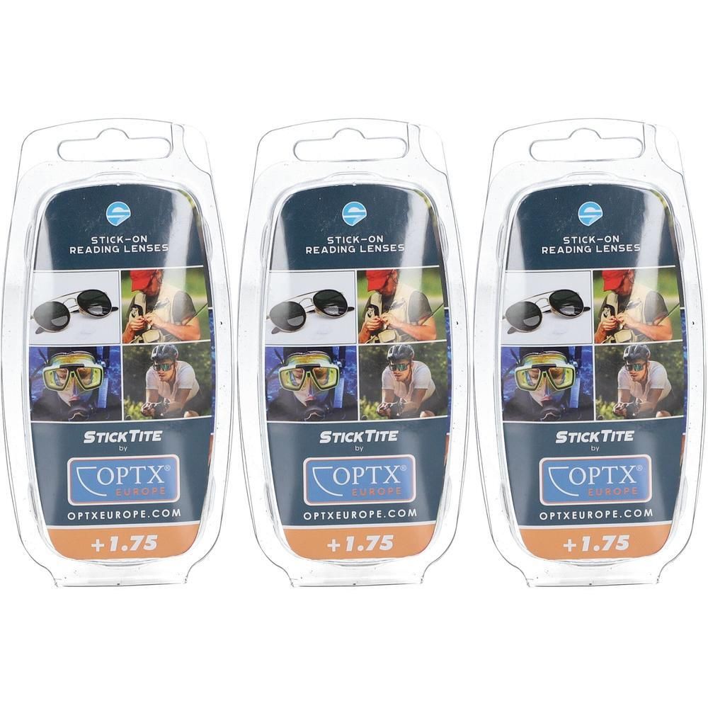 Trois paquets de lentilles adhésives StickTite, +1,75 dioptries.