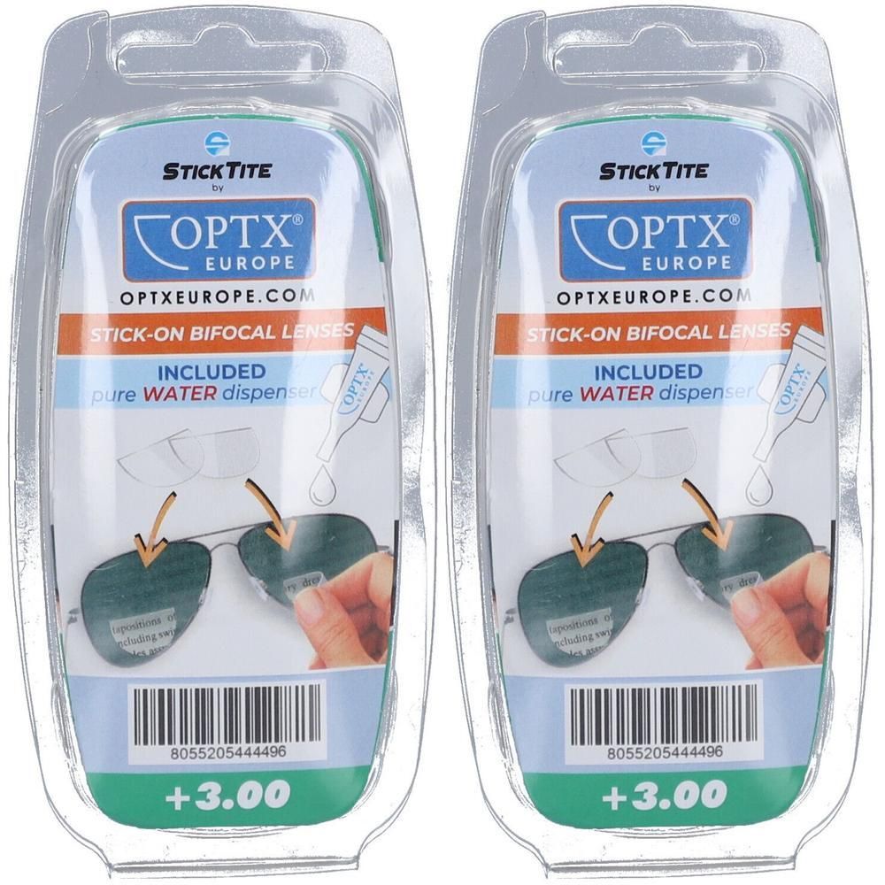 Deux paquets de lentilles adhésives bifocales StickTite +3.00 avec distributeur d'eau.