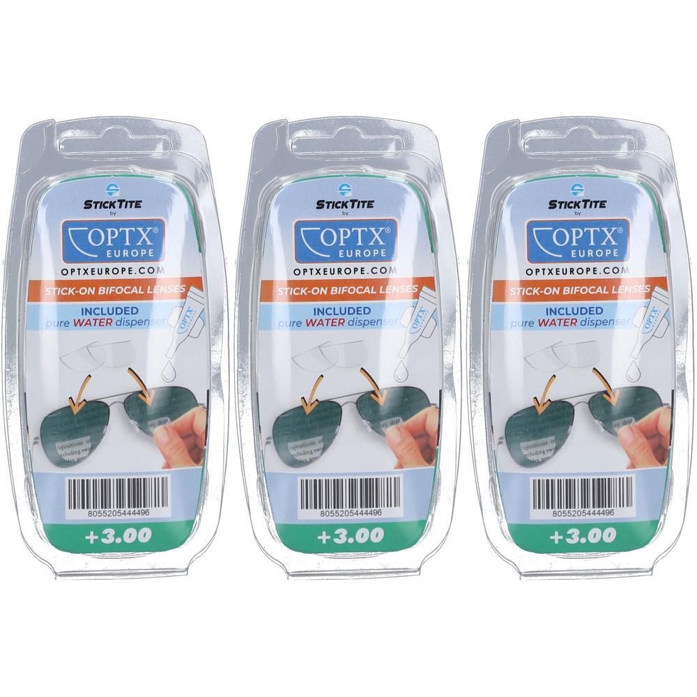 Drie pakjes stick-on bifocale lenzen met +3.00 dioptrie, inclusief waterdispenser.