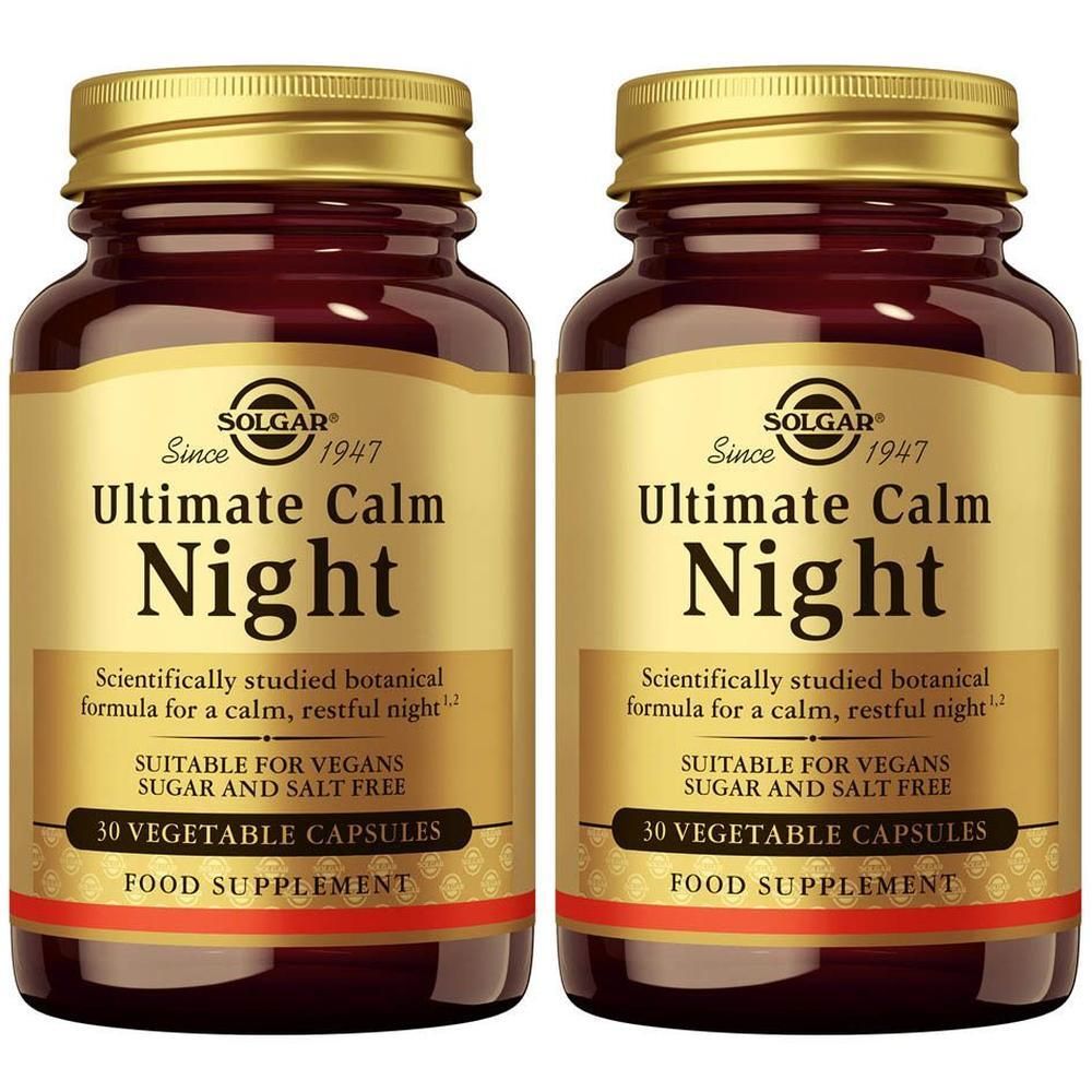 Twee flessen Solgar Ultimate Calm Night, 30 plantaardige capsules per fles.