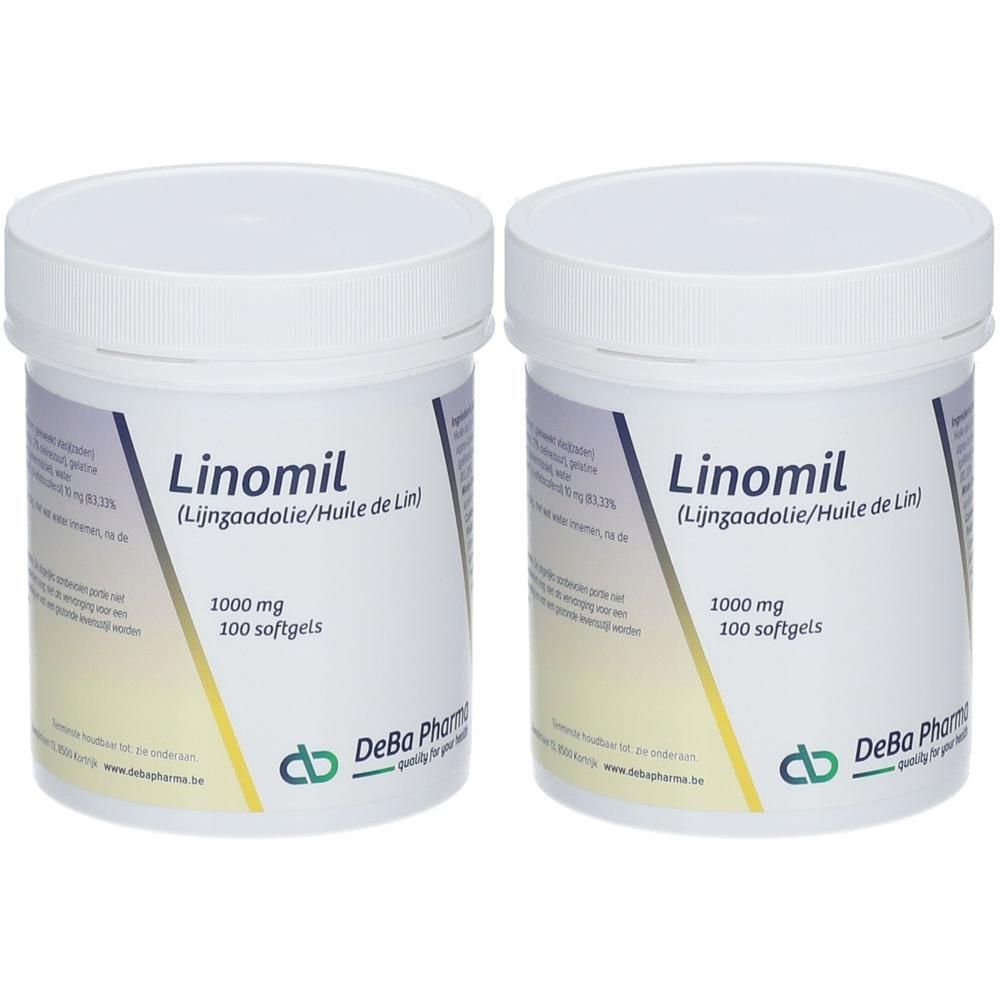 Twee potten Linomil 1000 mg, 100 softgels per pot.
