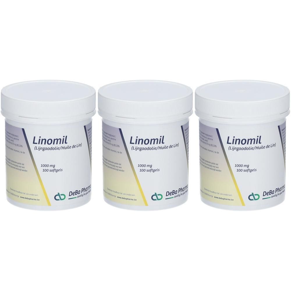 Drie potjes Linomil met 1000 mg en 100 softgels per potje.