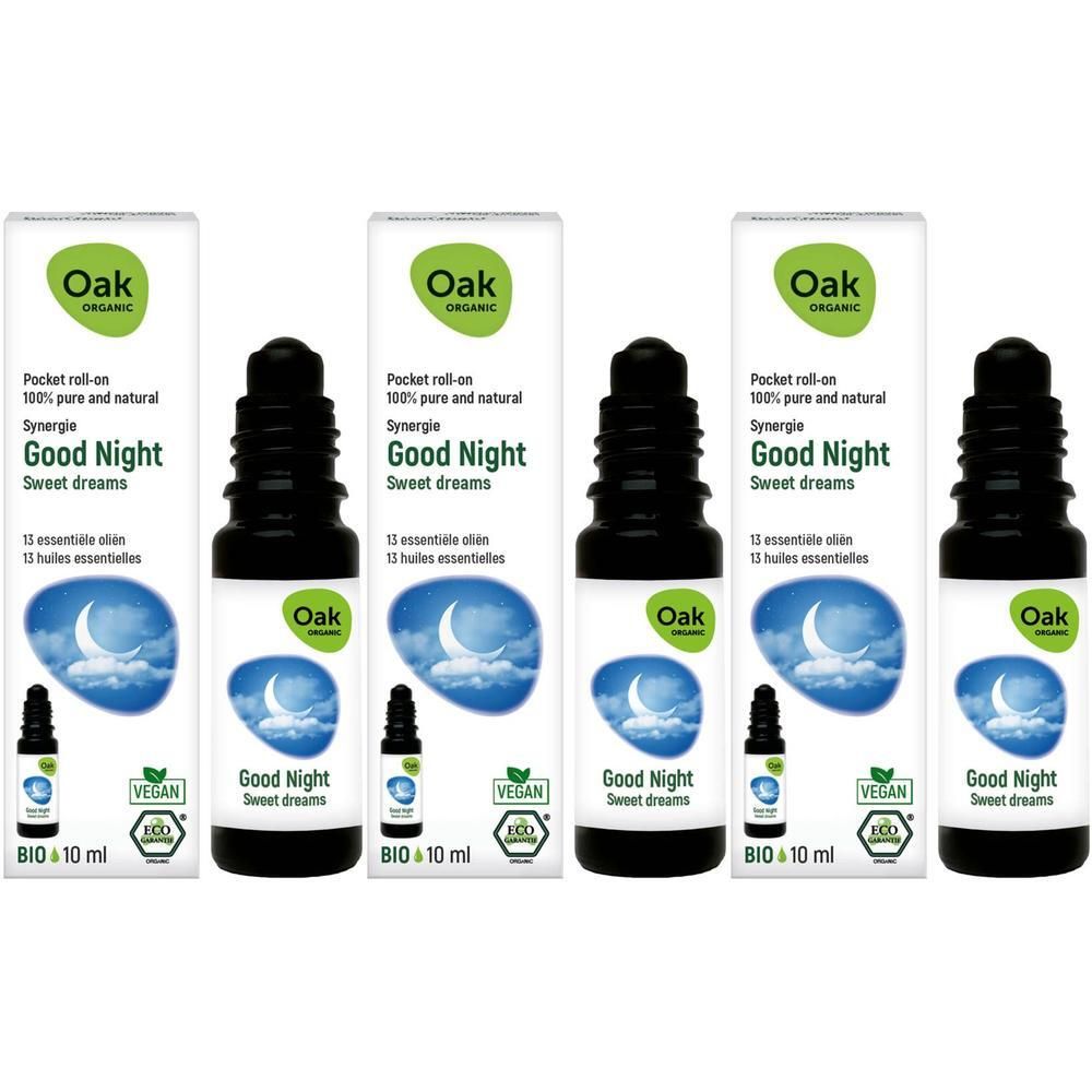 Vier flessen Oak Good Night Sweet Dreams Roll-on, 10 ml. Met maan- en wolkenmotief.