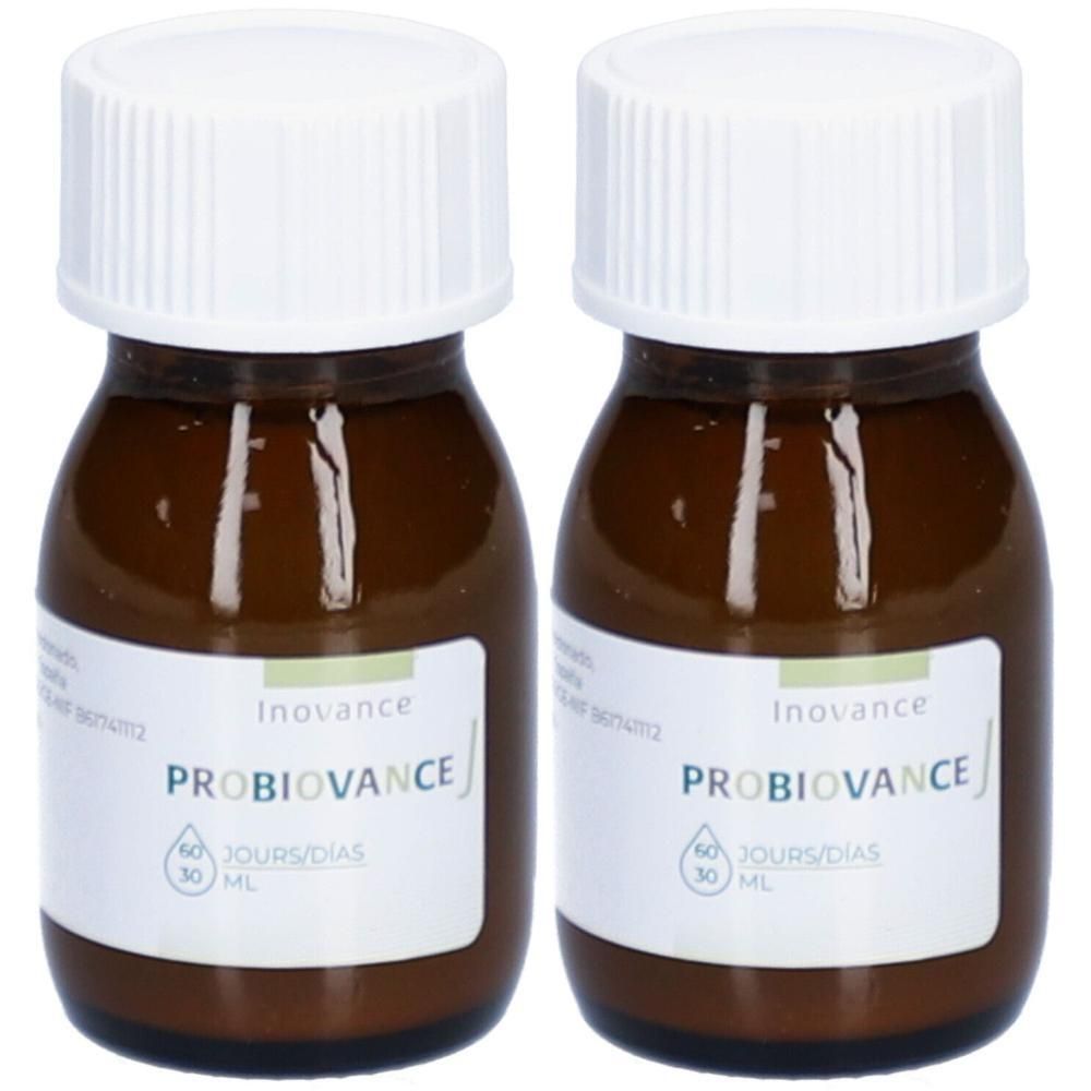 Deux flacons en verre brun avec bouchons blancs, étiquetés "Inovance PROBIOVANCE J 30 ML".