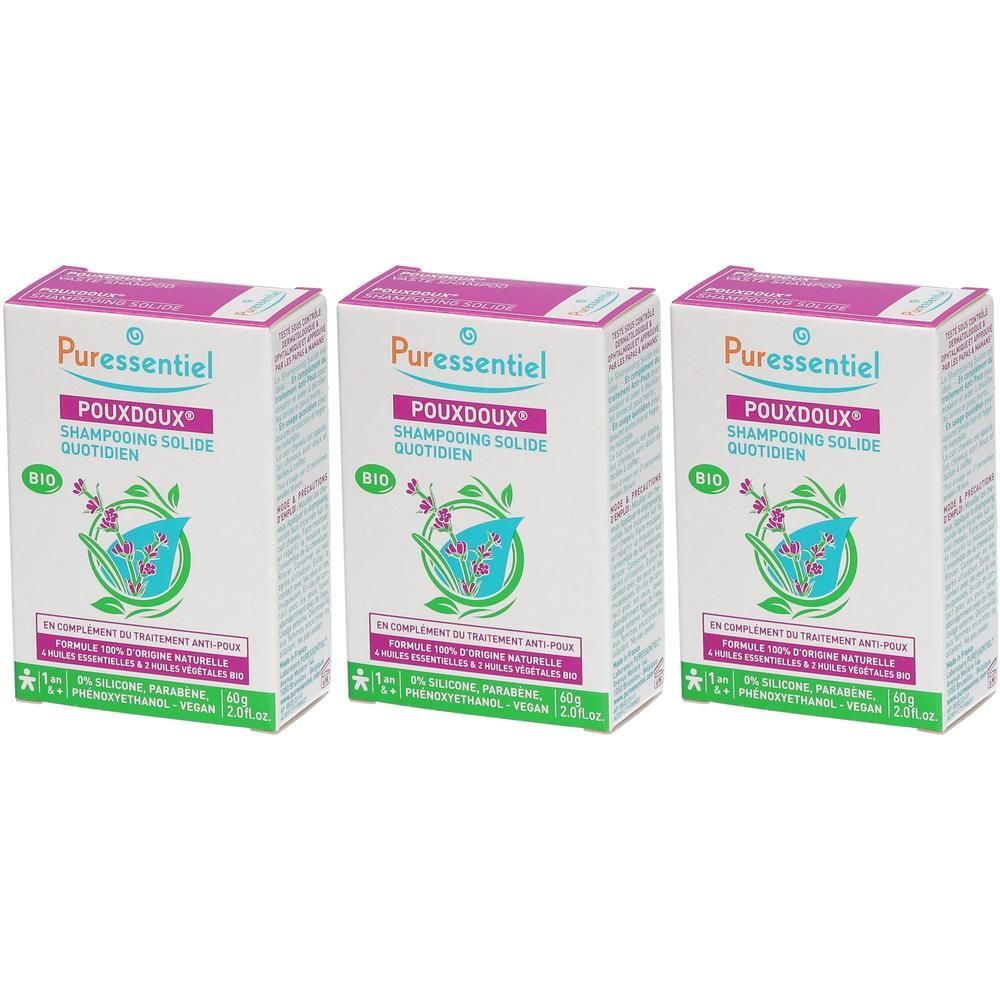 Trois boîtes de shampooing solide Puressentiel Pouxdoux, 60g.
