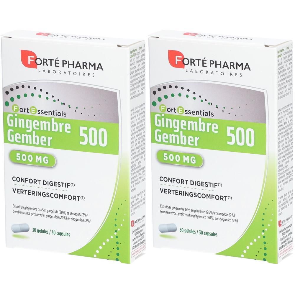 Deux boîtes de Forté Pharma Gingembre 500 mg, 500 mg. Pour le confort digestif.