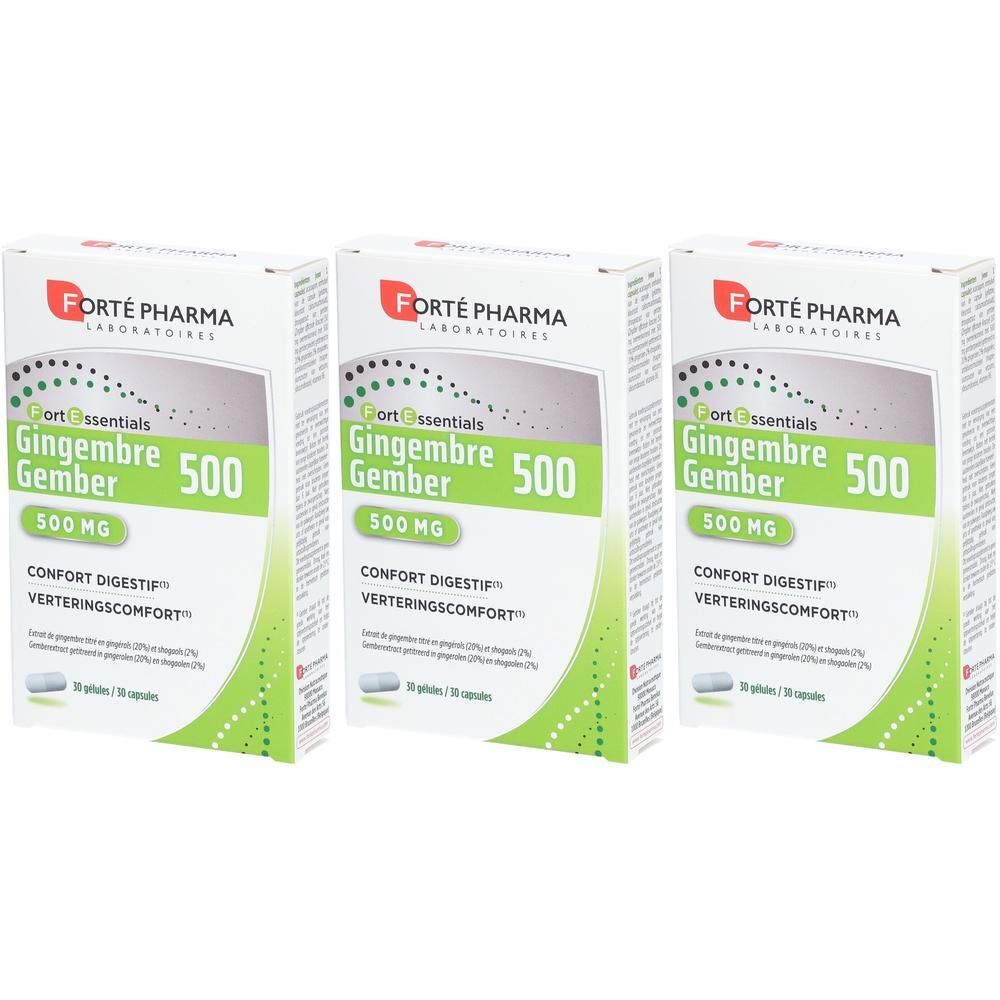 Trois boîtes de Forté Pharma Gingembre 500 mg, capsules pour le confort digestif.