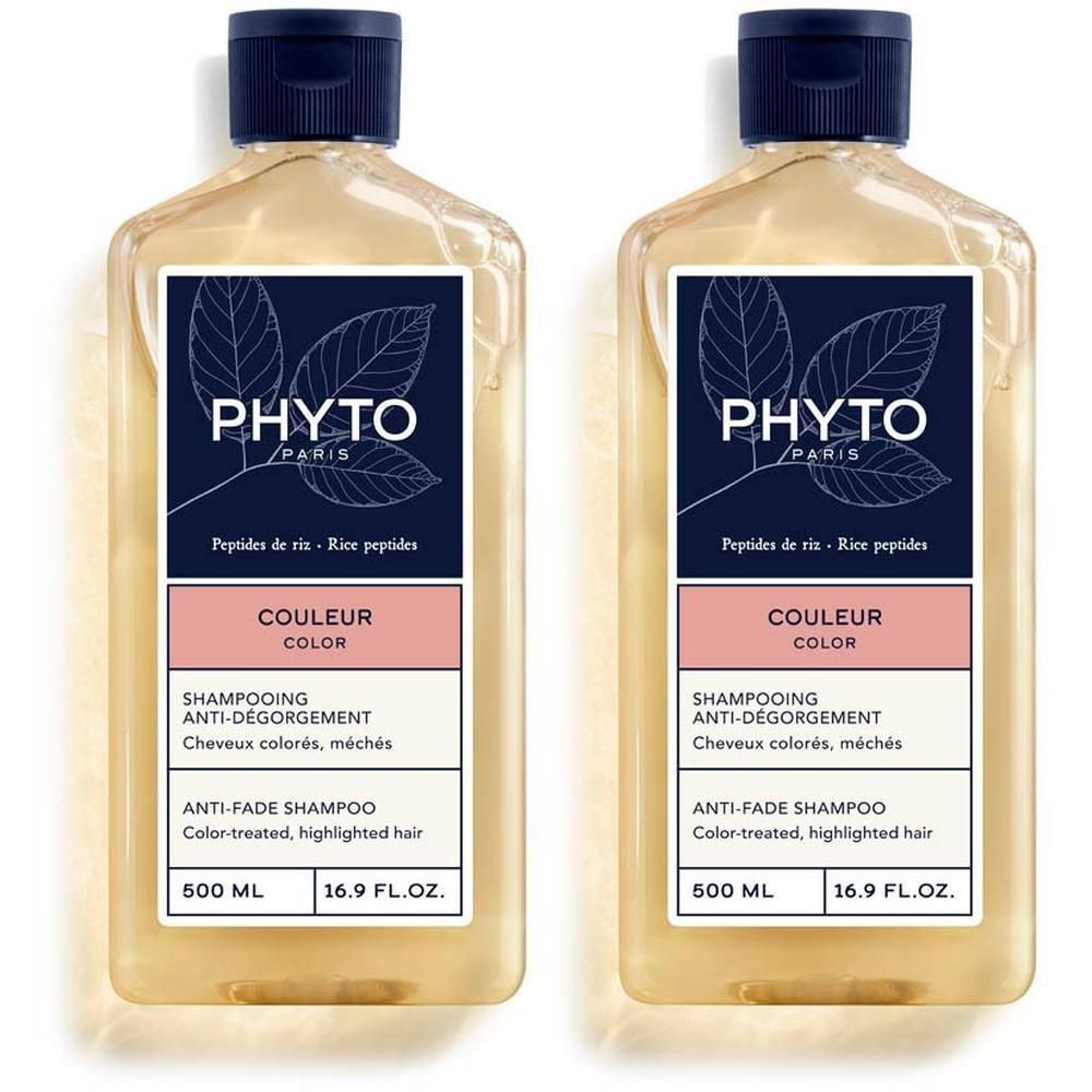 Deux flacons de shampooing Phyto Couleur Anti-Dégergorgement, 500 ml chacun.