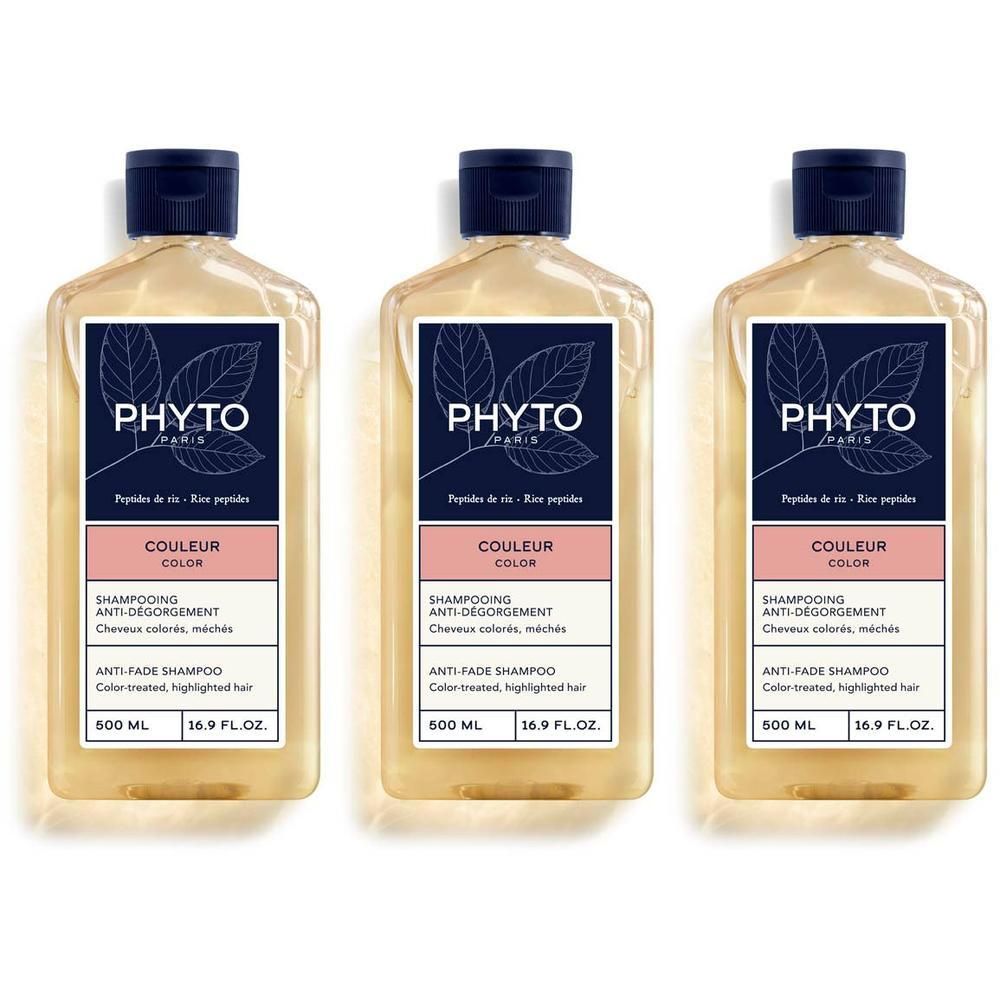 Trois flacons de shampooing Phyto Couleur Anti-Degorgement, 500 ml.